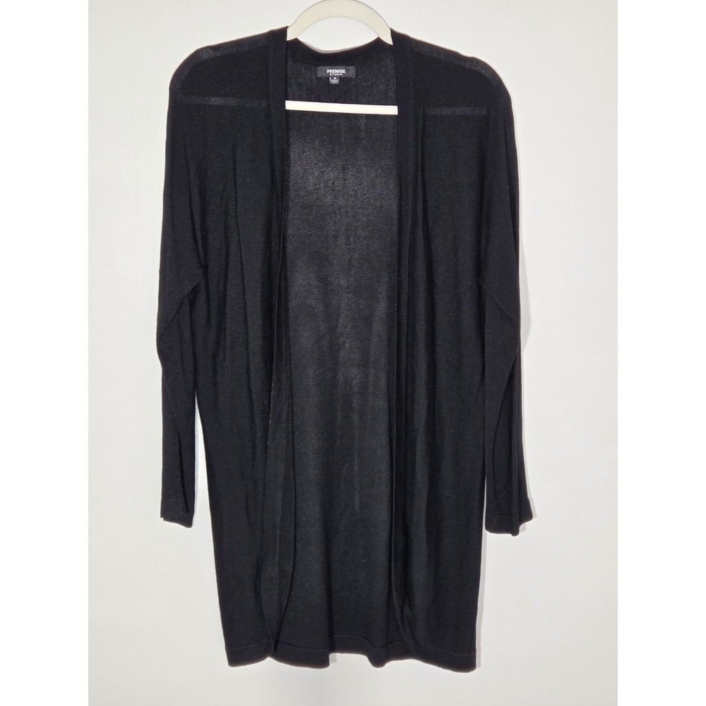 Women's Black Open Front Long Cardigan Premise Medium Sleek Elevated Office